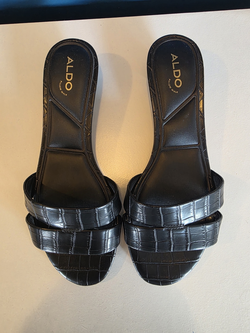 ALDO Black Croc-Embossed Double Strap Slide Mules
